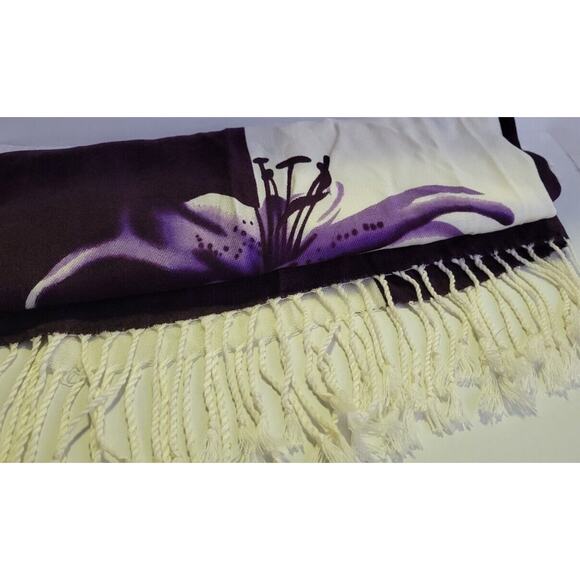Pashmina Scarf Purple White Lillies 100% Pashmina 27.5 x 72 - Picture 1 of 7
